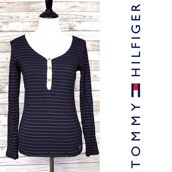 Tommy Hilfiger Tops - Tommy Hilfiger Navy Gold Striped Henley Top
